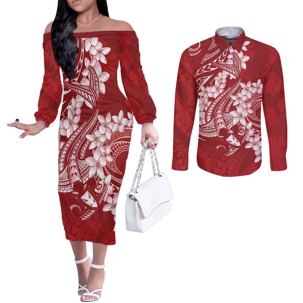 Red Polynesia Hammerhead Shark Tattoo With Plumeria Lei Couples Matching Off The Shoulder Long Sleeve Dress and Long Sleeve Button Shirt LT14 Red - Polynesian Pride