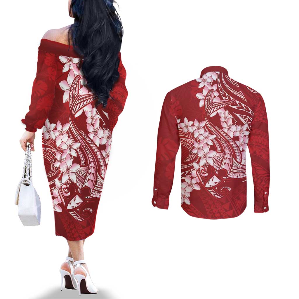 Red Polynesia Hammerhead Shark Tattoo With Plumeria Lei Couples Matching Off The Shoulder Long Sleeve Dress and Long Sleeve Button Shirt LT14 - Polynesian Pride