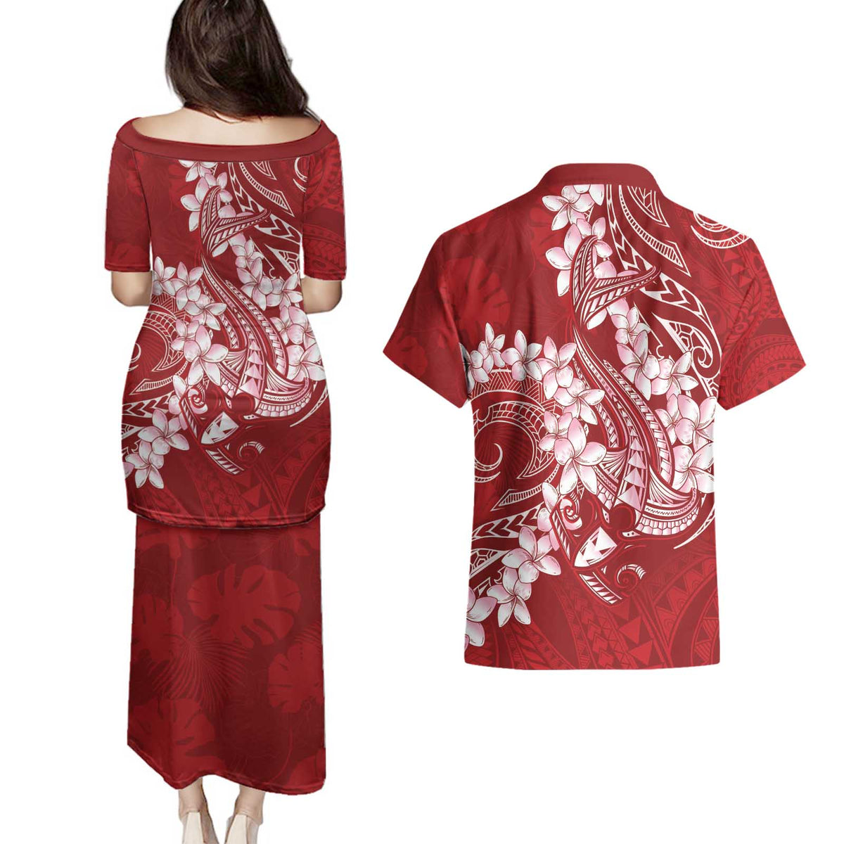 Red Polynesia Hammerhead Shark Tattoo With Plumeria Lei Couples Matching Puletasi and Hawaiian Shirt