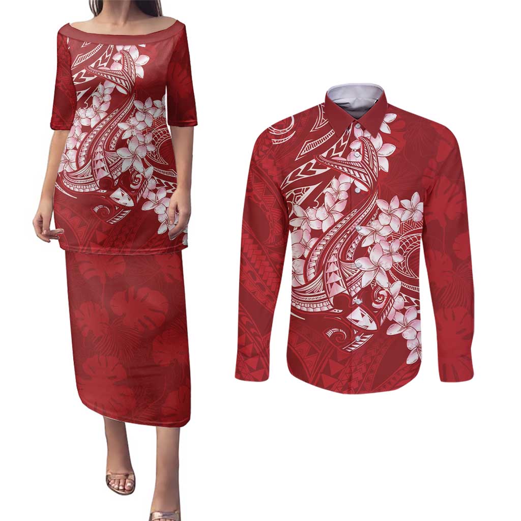 Red Polynesia Hammerhead Shark Tattoo With Plumeria Lei Couples Matching Puletasi and Long Sleeve Button Shirt