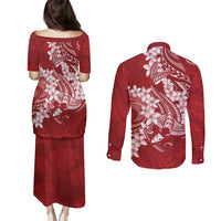 Red Polynesia Hammerhead Shark Tattoo With Plumeria Lei Couples Matching Puletasi and Long Sleeve Button Shirt
