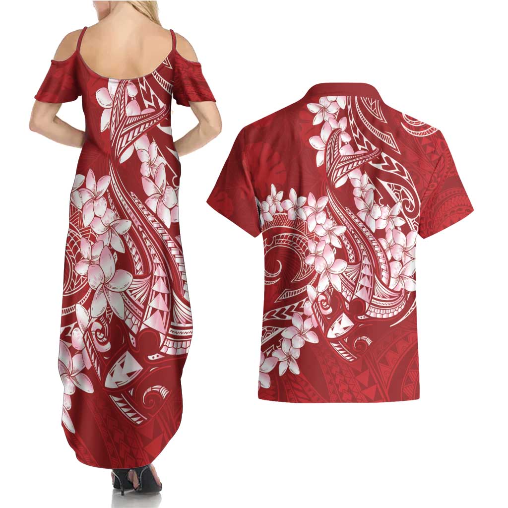 Red Polynesia Hammerhead Shark Tattoo With Plumeria Lei Couples Matching Summer Maxi Dress and Hawaiian Shirt