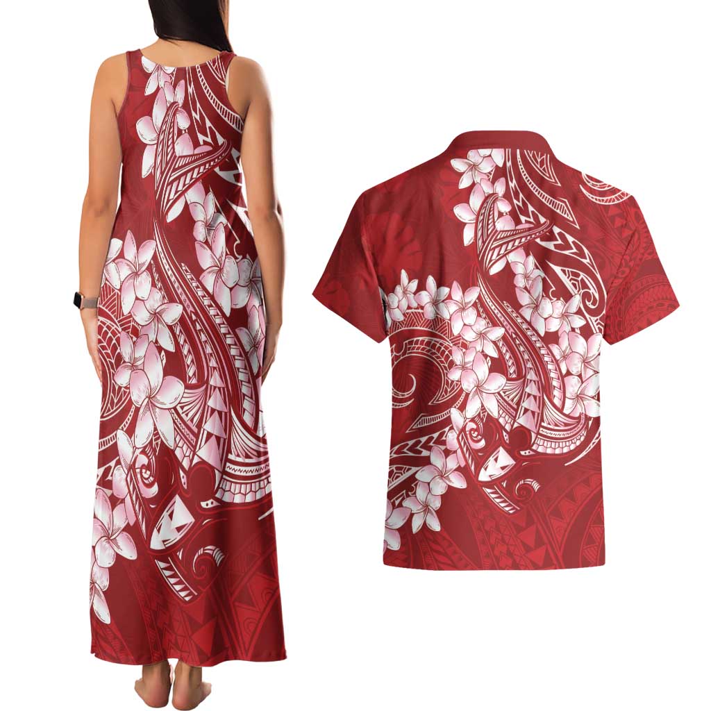 Red Polynesia Hammerhead Shark Tattoo With Plumeria Lei Couples Matching Tank Maxi Dress and Hawaiian Shirt