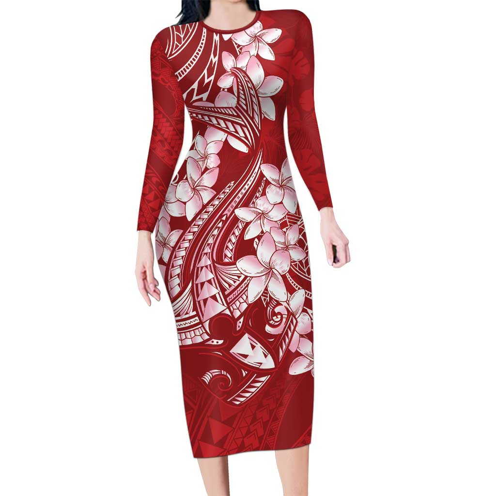 Red Polynesia Hammerhead Shark Tattoo With Plumeria Lei Family Matching Long Sleeve Bodycon Dress and Hawaiian Shirt