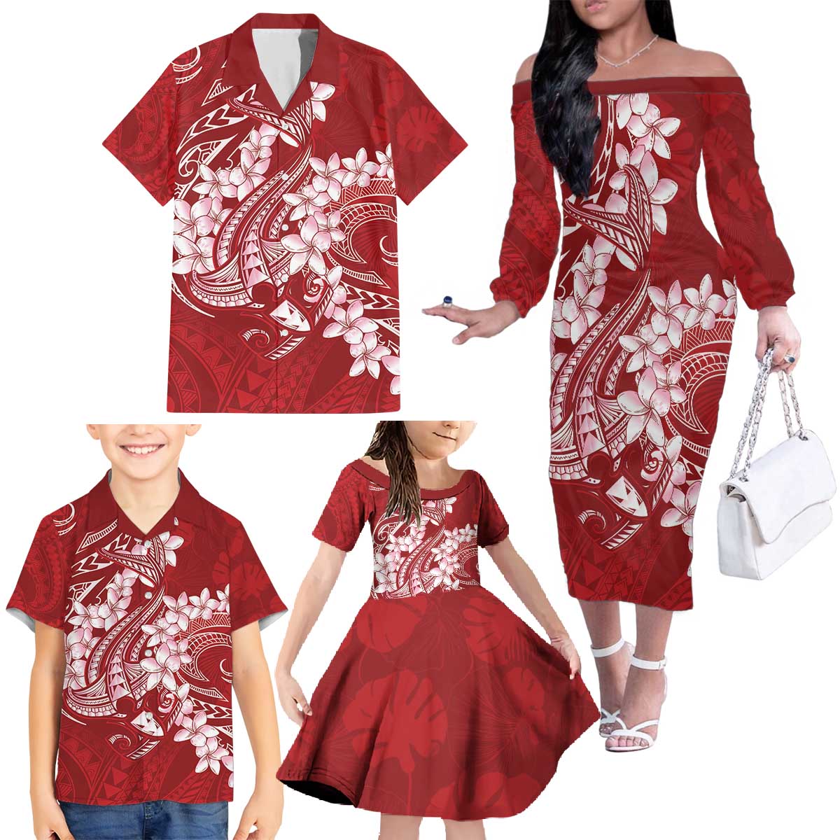 Red Polynesia Hammerhead Shark Tattoo With Plumeria Lei Family Matching Off The Shoulder Long Sleeve Dress and Hawaiian Shirt