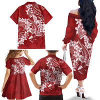 Red Polynesia Hammerhead Shark Tattoo With Plumeria Lei Family Matching Off The Shoulder Long Sleeve Dress and Hawaiian Shirt