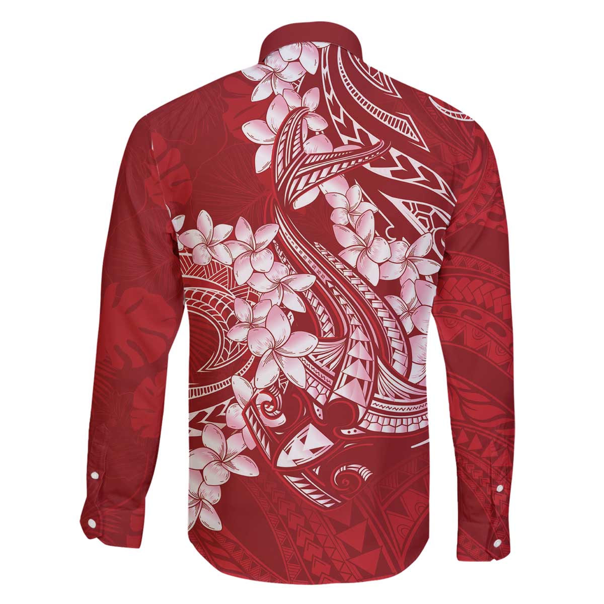Red Polynesia Hammerhead Shark Tattoo With Plumeria Lei Family Matching Off The Shoulder Long Sleeve Dress and Hawaiian Shirt