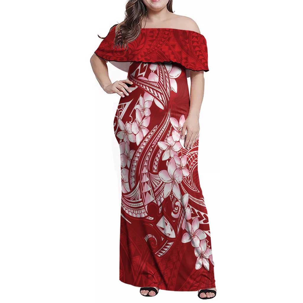 Red Polynesia Hammerhead Shark Tattoo With Plumeria Lei Family Matching Off Shoulder Maxi Dress and Hawaiian Shirt