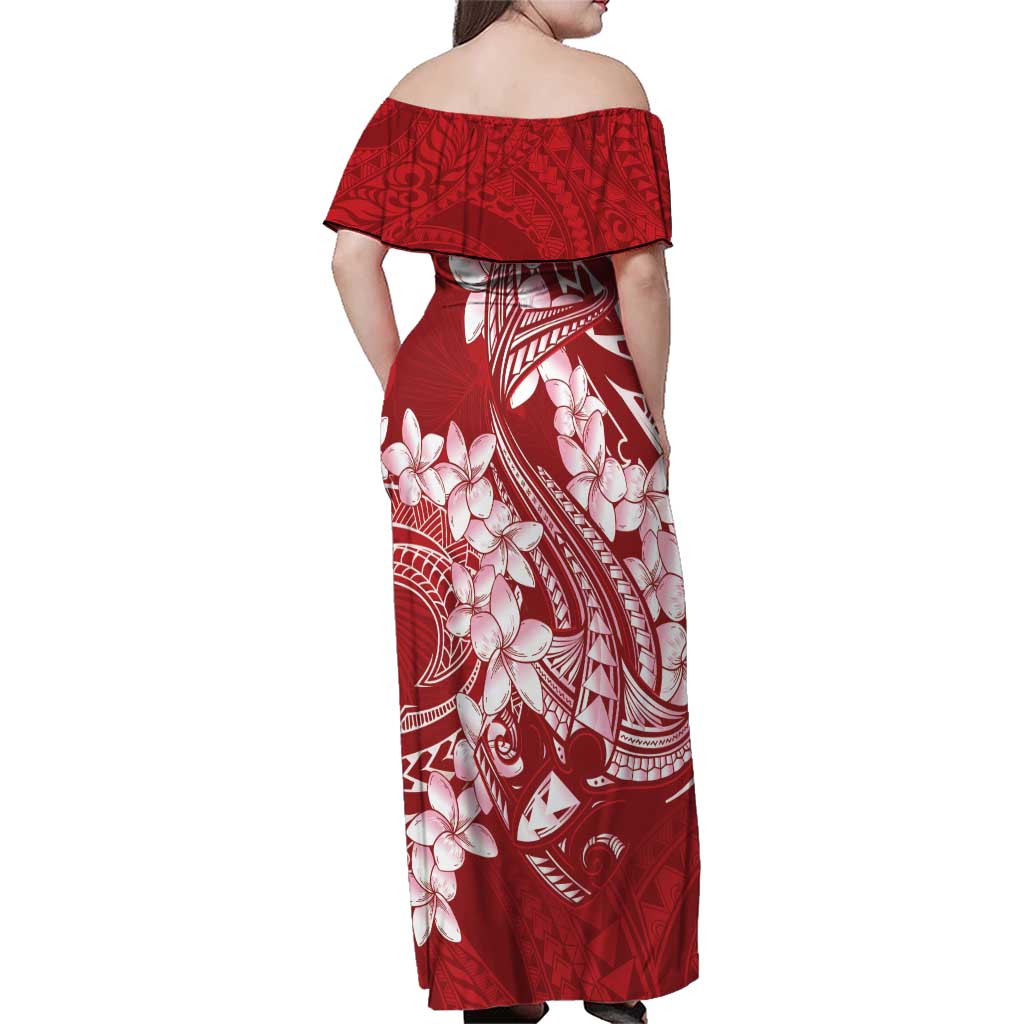Red Polynesia Hammerhead Shark Tattoo With Plumeria Lei Family Matching Off Shoulder Maxi Dress and Hawaiian Shirt