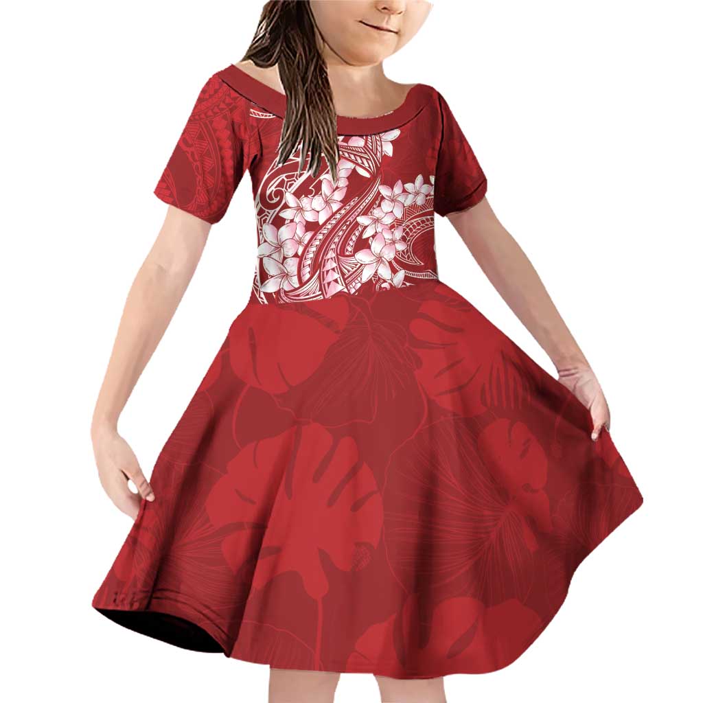 Red Polynesia Hammerhead Shark Tattoo With Plumeria Lei Family Matching Off Shoulder Short Dress and Hawaiian Shirt