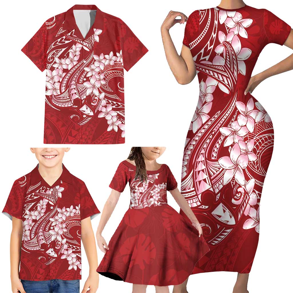 Red Polynesia Hammerhead Shark Tattoo With Plumeria Lei Family Matching Short Sleeve Bodycon Dress and Hawaiian Shirt