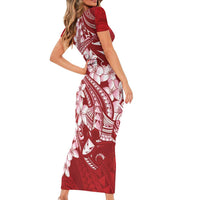 Red Polynesia Hammerhead Shark Tattoo With Plumeria Lei Family Matching Short Sleeve Bodycon Dress and Hawaiian Shirt