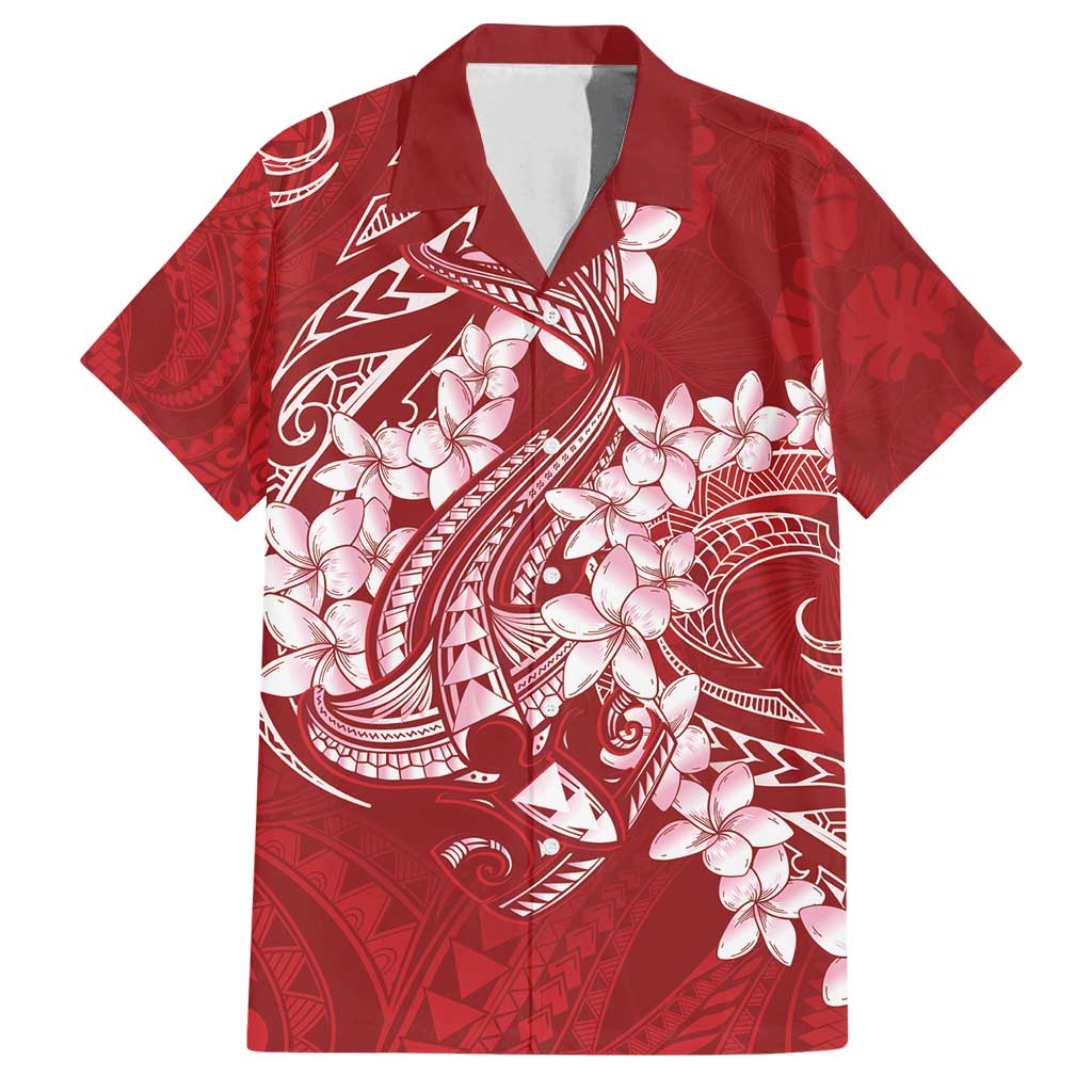 Red Polynesia Hammerhead Shark Tattoo With Plumeria Lei Family Matching Summer Maxi Dress and Hawaiian Shirt