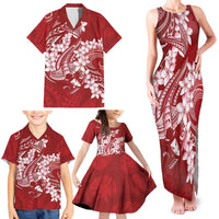 Red Polynesia Hammerhead Shark Tattoo With Plumeria Lei Family Matching Tank Maxi Dress and Hawaiian Shirt