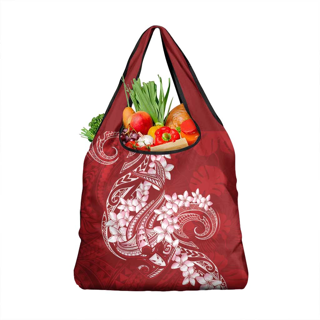 Red Polynesia Hammerhead Shark Tattoo With Plumeria Lei Grocery Bag
