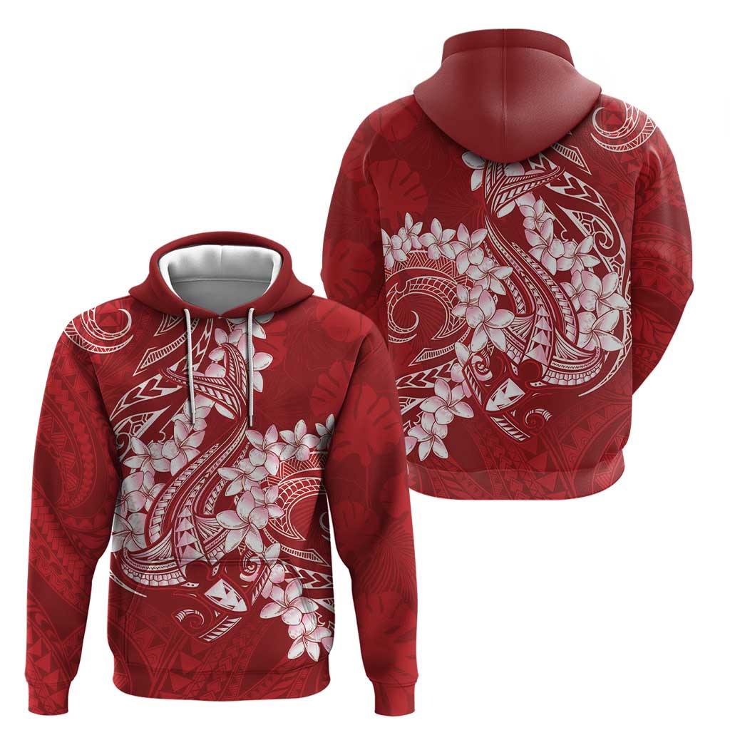 Red Polynesia Hammerhead Shark Tattoo With Plumeria Lei Hoodie LT14 - Polynesian Pride