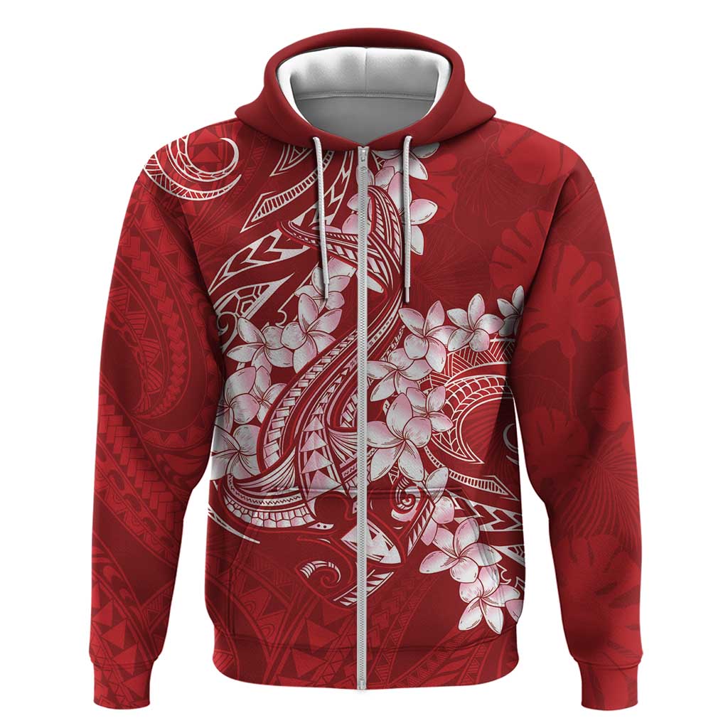 Red Polynesia Hammerhead Shark Tattoo With Plumeria Lei Hoodie LT14 Zip Hoodie Red - Polynesian Pride