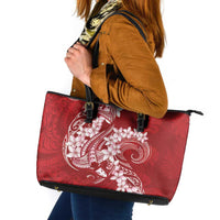 Red Polynesia Hammerhead Shark Tattoo With Plumeria Lei Leather Tote Bag