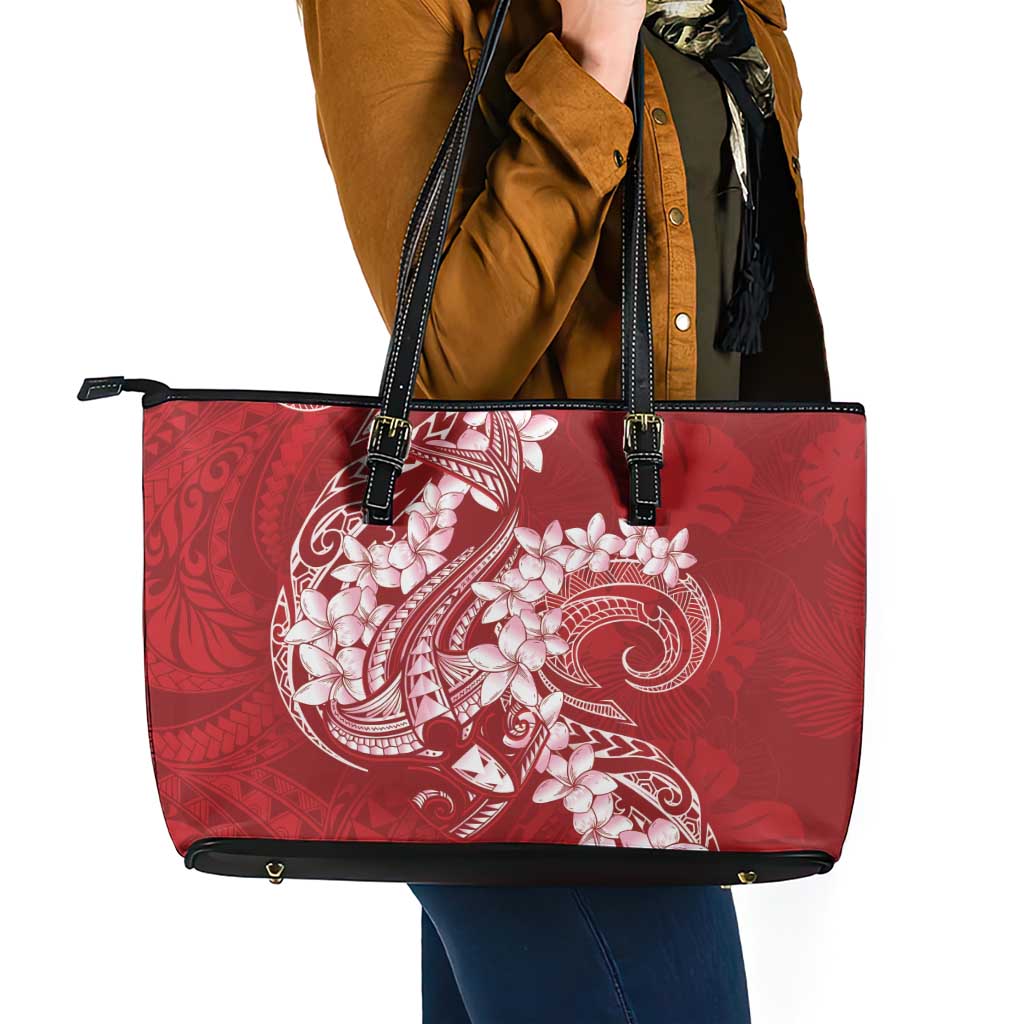 Red Polynesia Hammerhead Shark Tattoo With Plumeria Lei Leather Tote Bag
