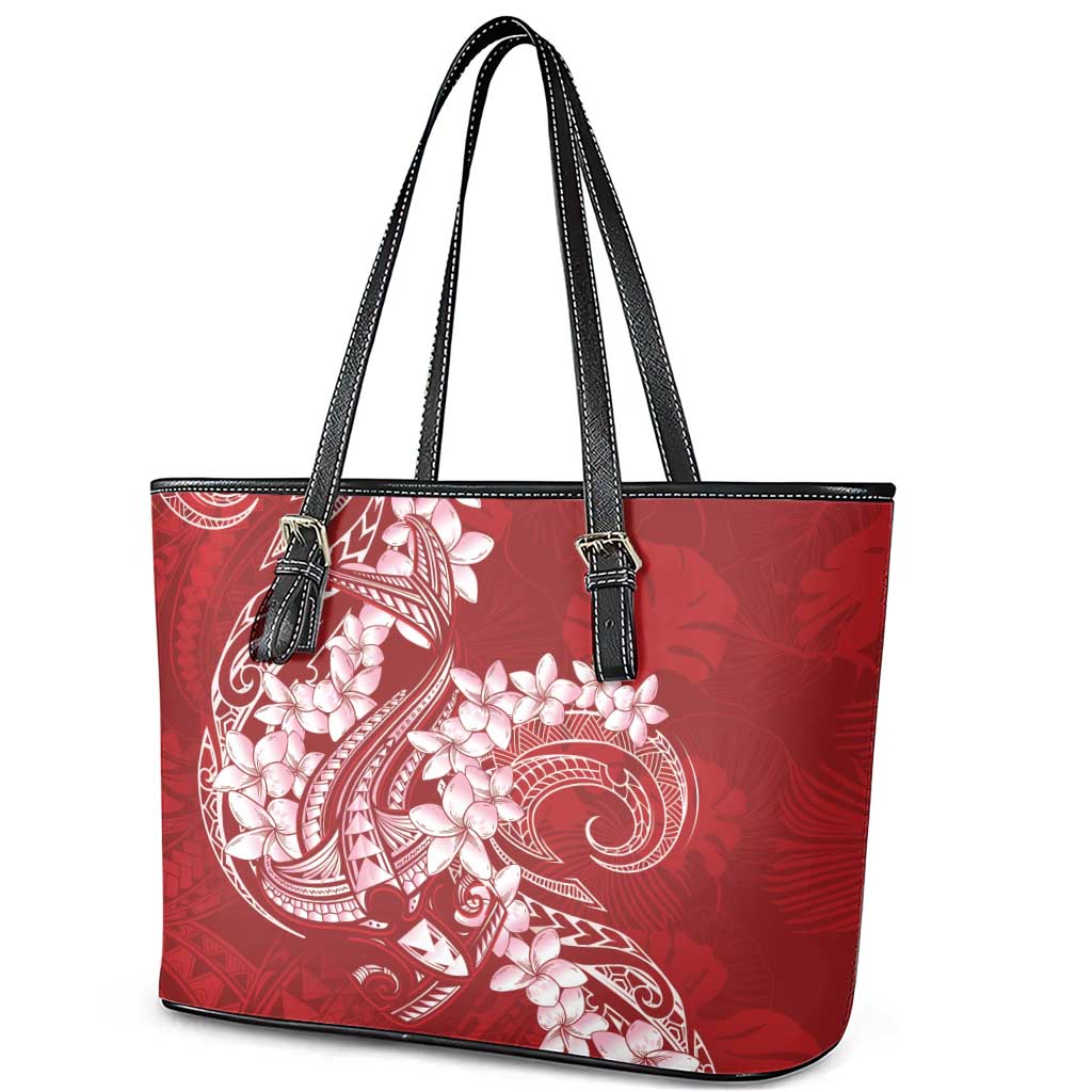 Red Polynesia Hammerhead Shark Tattoo With Plumeria Lei Leather Tote Bag