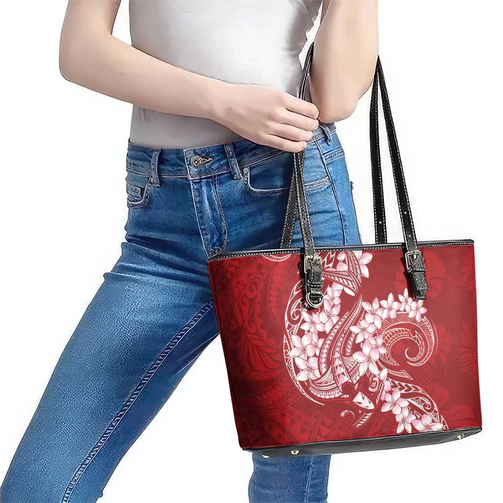 Red Polynesia Hammerhead Shark Tattoo With Plumeria Lei Leather Tote Bag