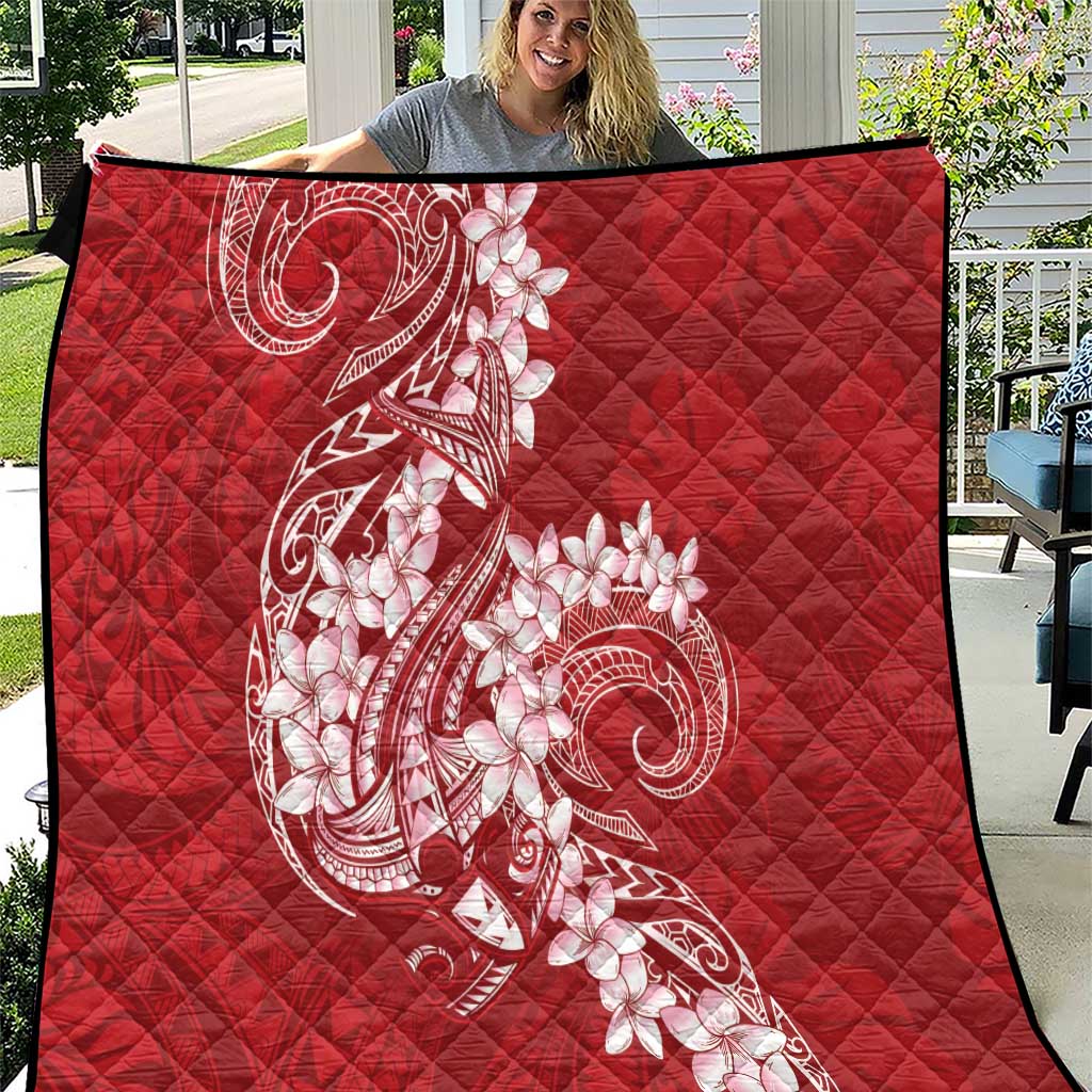 Red Polynesia Hammerhead Shark Tattoo With Plumeria Lei Quilt