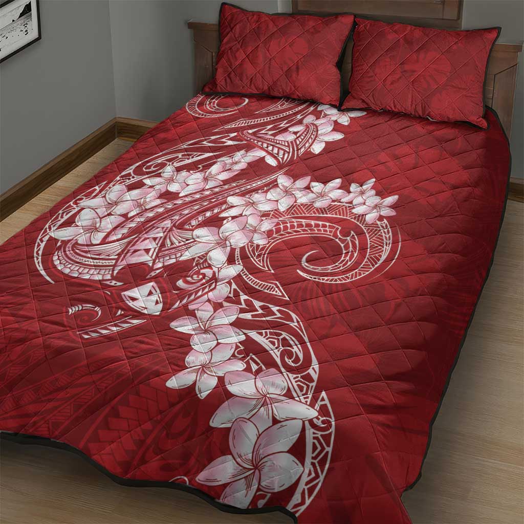 Red Polynesia Hammerhead Shark Tattoo With Plumeria Lei Quilt Bed Set