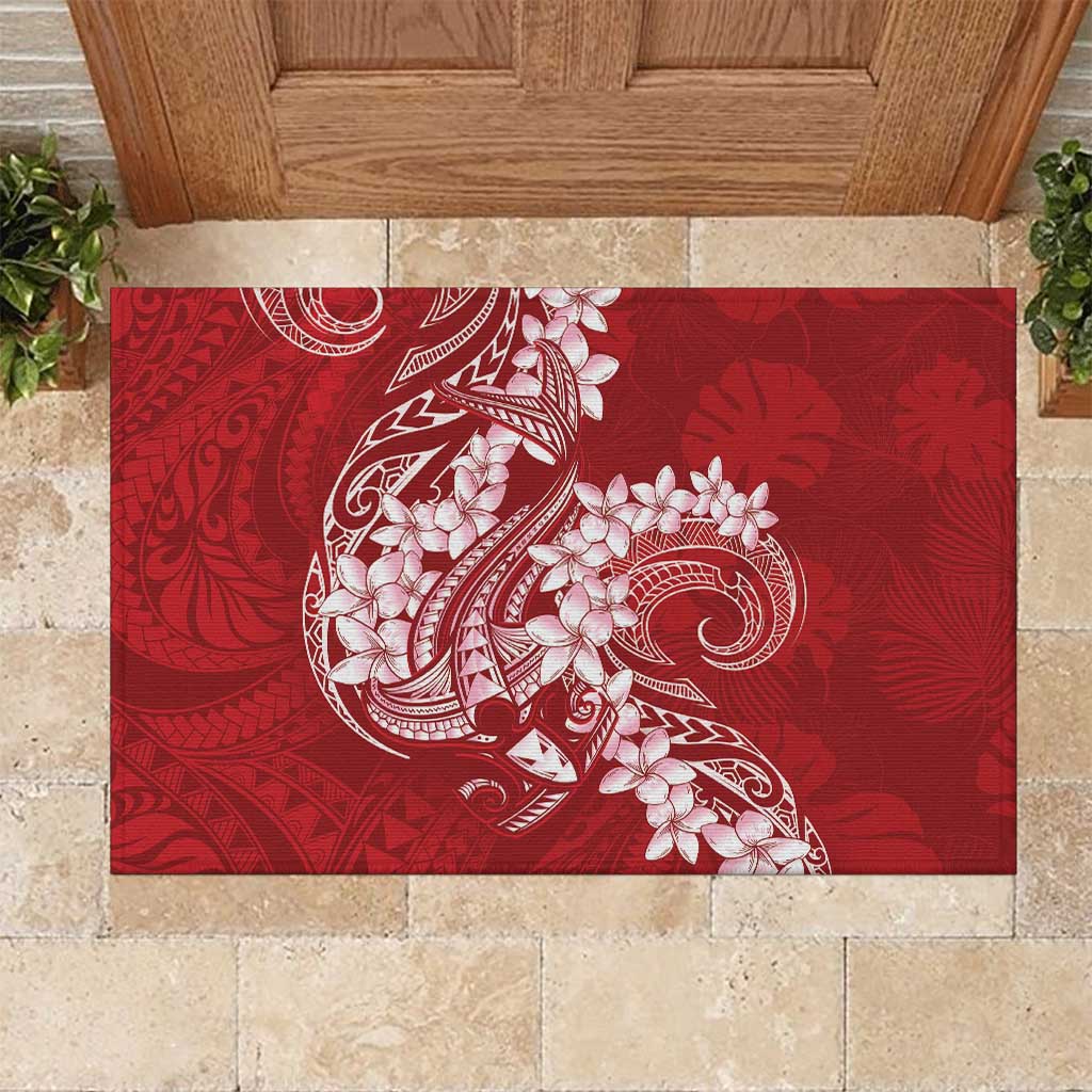 Red Polynesia Hammerhead Shark Tattoo With Plumeria Lei Rubber Doormat