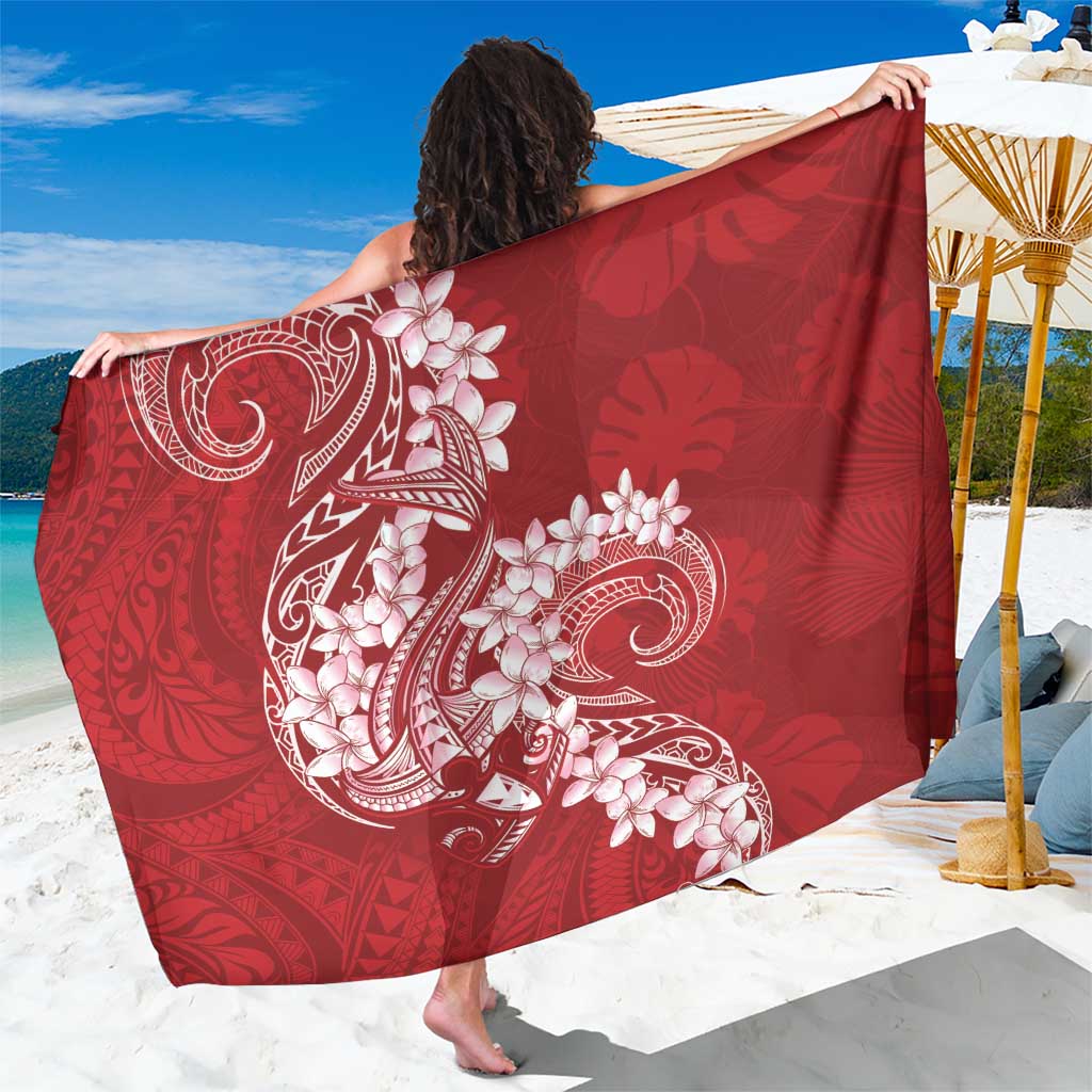 Red Polynesia Hammerhead Shark Tattoo With Plumeria Lei Sarong