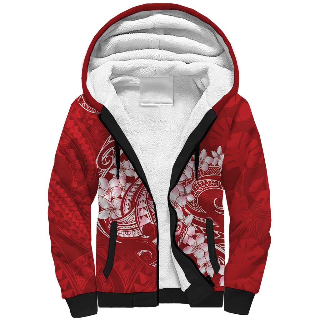 Red Polynesia Hammerhead Shark Tattoo With Plumeria Lei Sherpa Hoodie