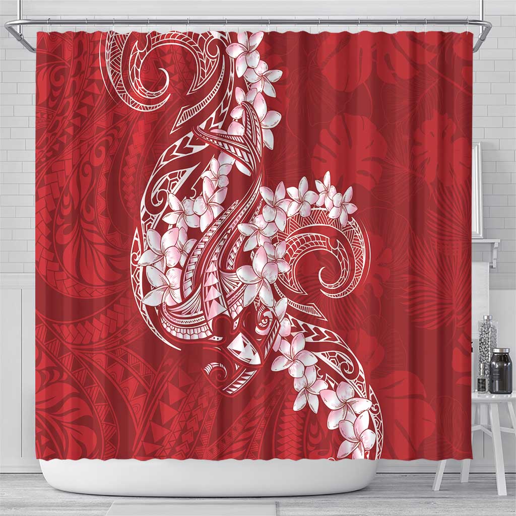 Red Polynesia Hammerhead Shark Tattoo With Plumeria Lei Shower Curtain