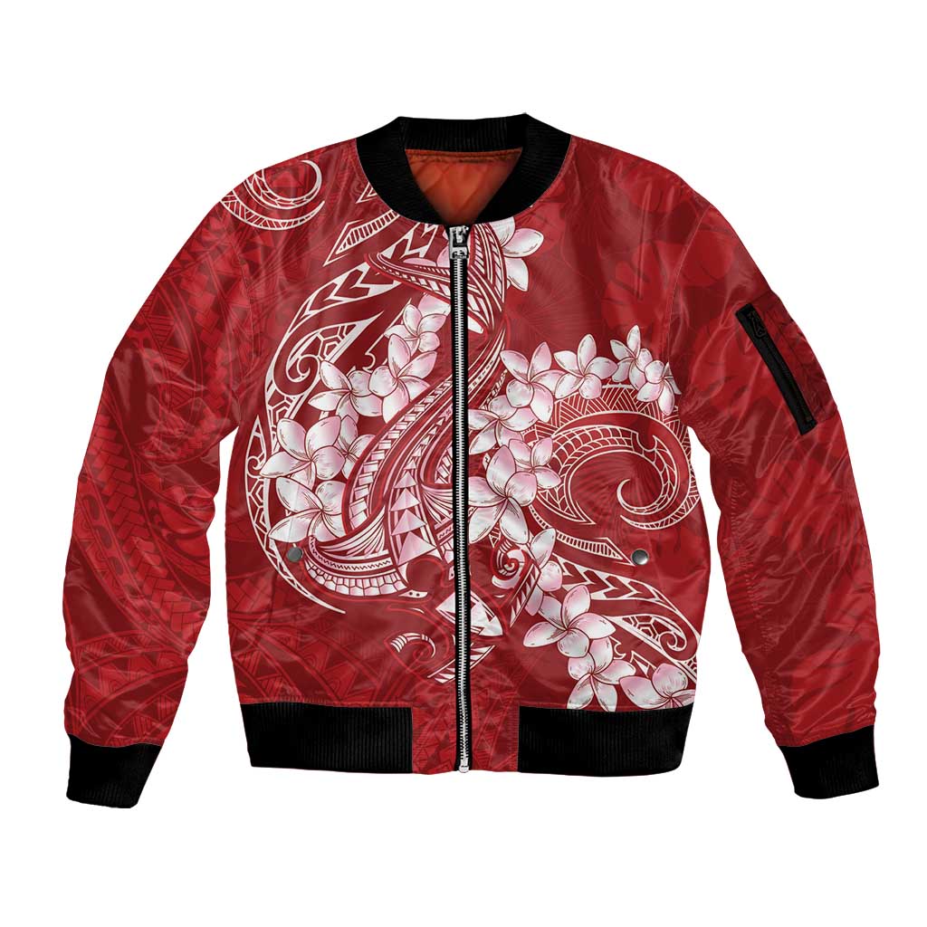 Red Polynesia Hammerhead Shark Tattoo With Plumeria Lei Sleeve Zip Bomber Jacket