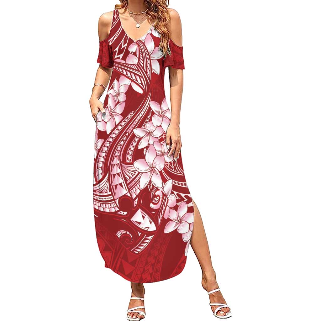 Red Polynesia Hammerhead Shark Tattoo With Plumeria Lei Summer Maxi Dress