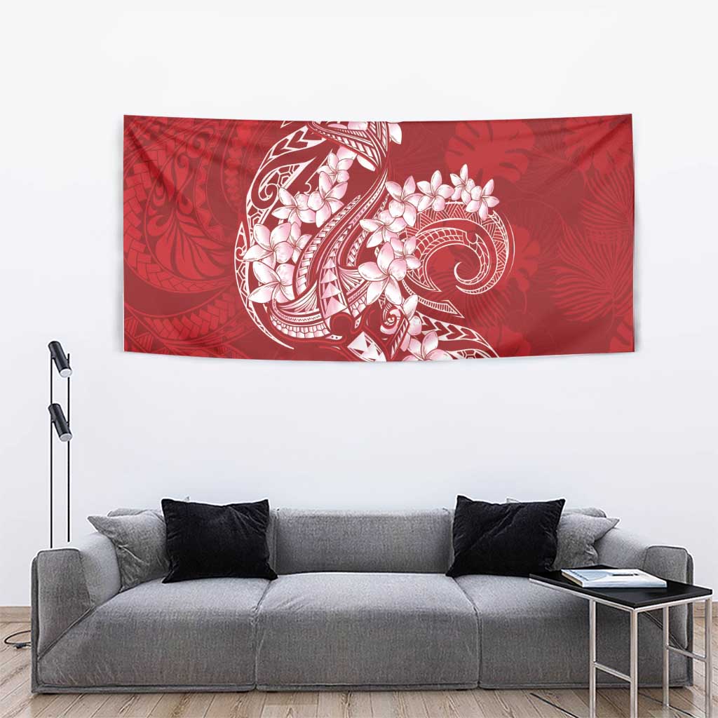 Red Polynesia Hammerhead Shark Tattoo With Plumeria Lei Tapestry