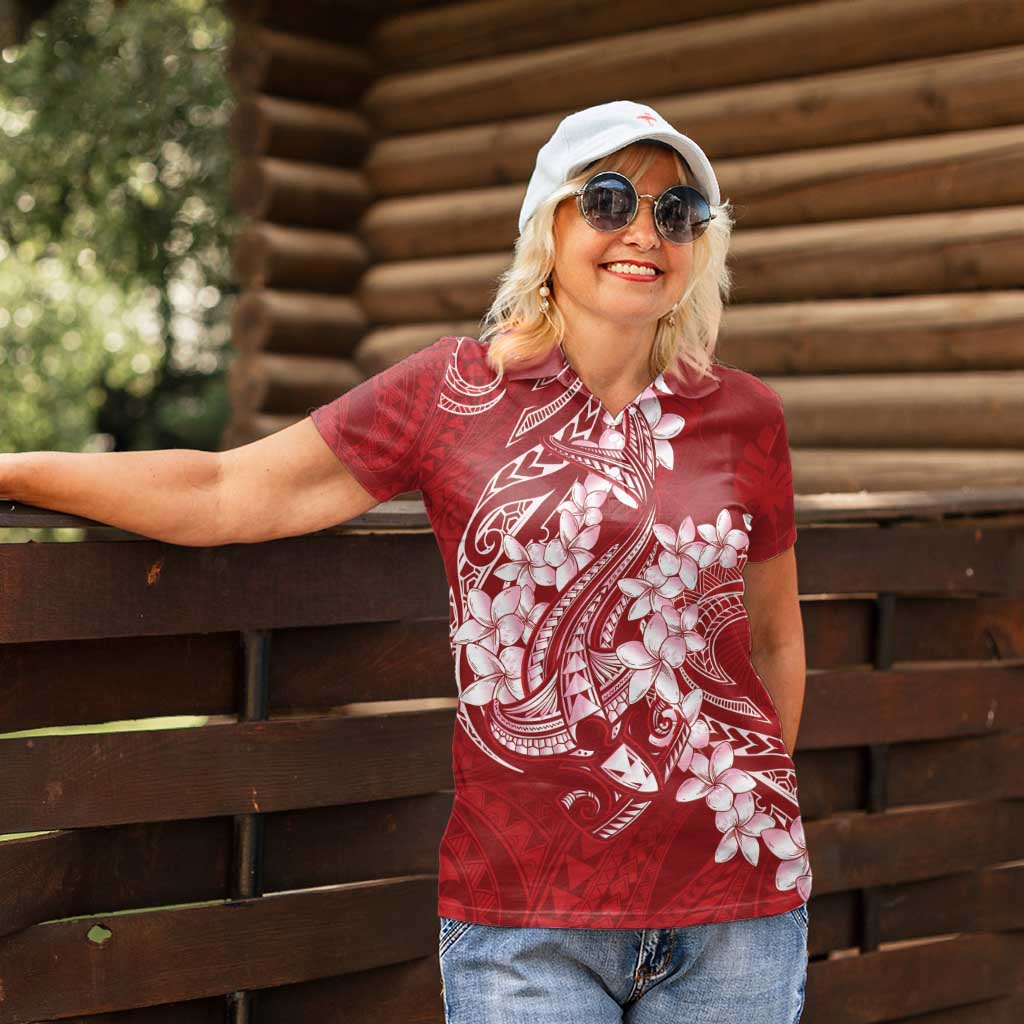 Red Polynesia Hammerhead Shark Tattoo With Plumeria Lei Women Polo Shirt