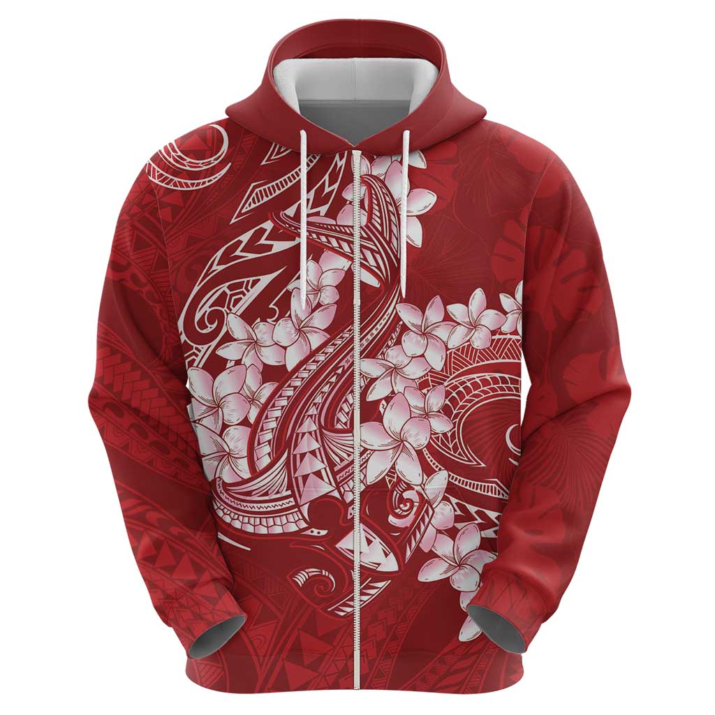 Red Polynesia Hammerhead Shark Tattoo With Plumeria Lei Zip Hoodie