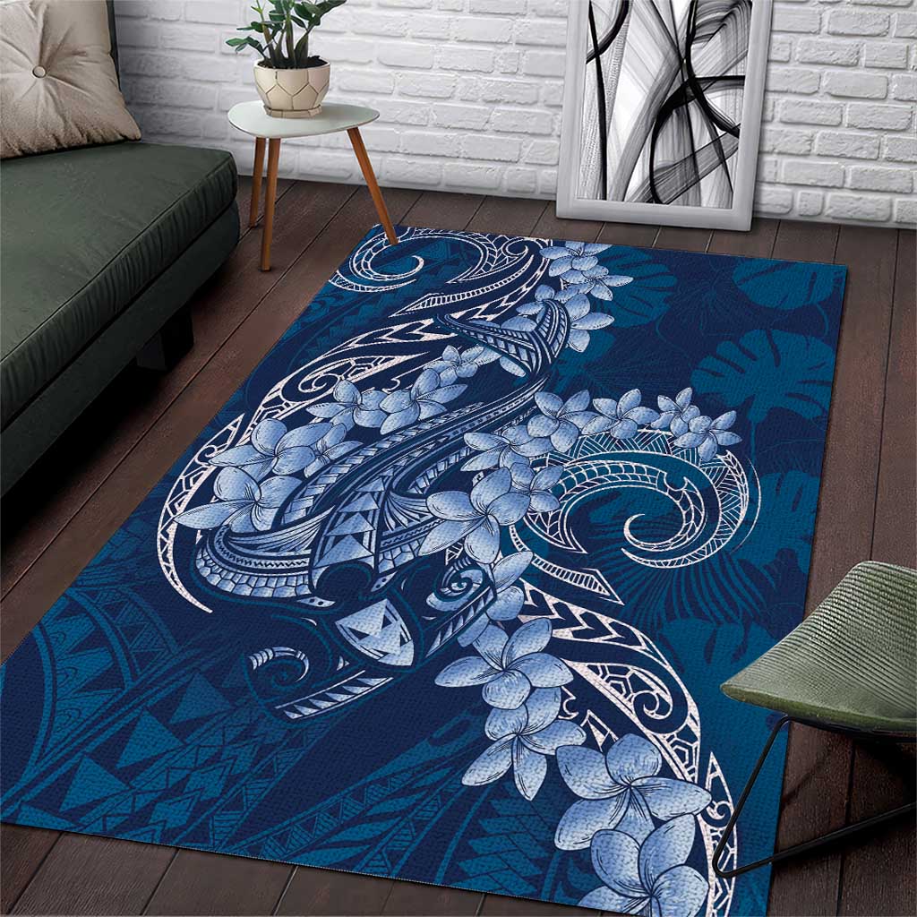 Navy Blue Polynesia Hammerhead Shark Tattoo With Plumeria Lei Area Rug
