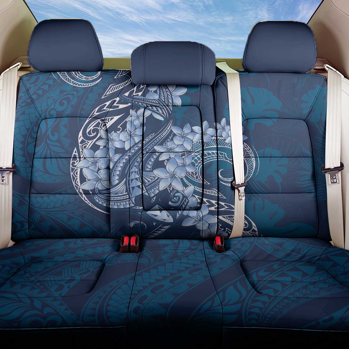Navy Blue Polynesia Hammerhead Shark Tattoo With Plumeria Lei Back Car Seat Cover