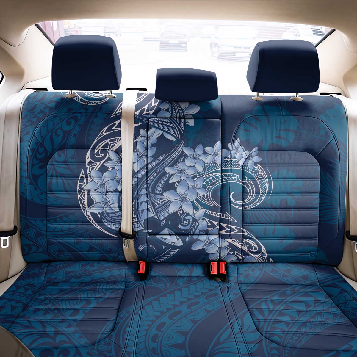Navy Blue Polynesia Hammerhead Shark Tattoo With Plumeria Lei Back Car Seat Cover