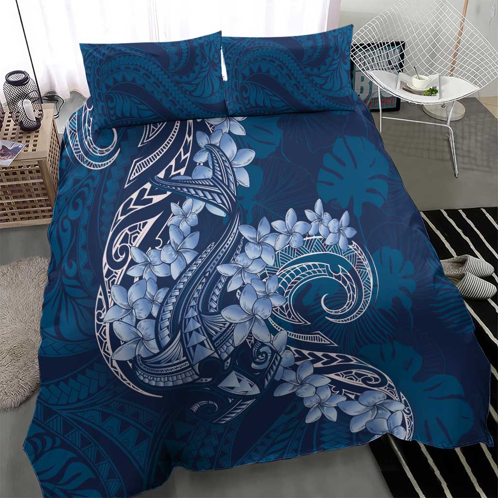 Navy Blue Polynesia Hammerhead Shark Tattoo With Plumeria Lei Bedding Set