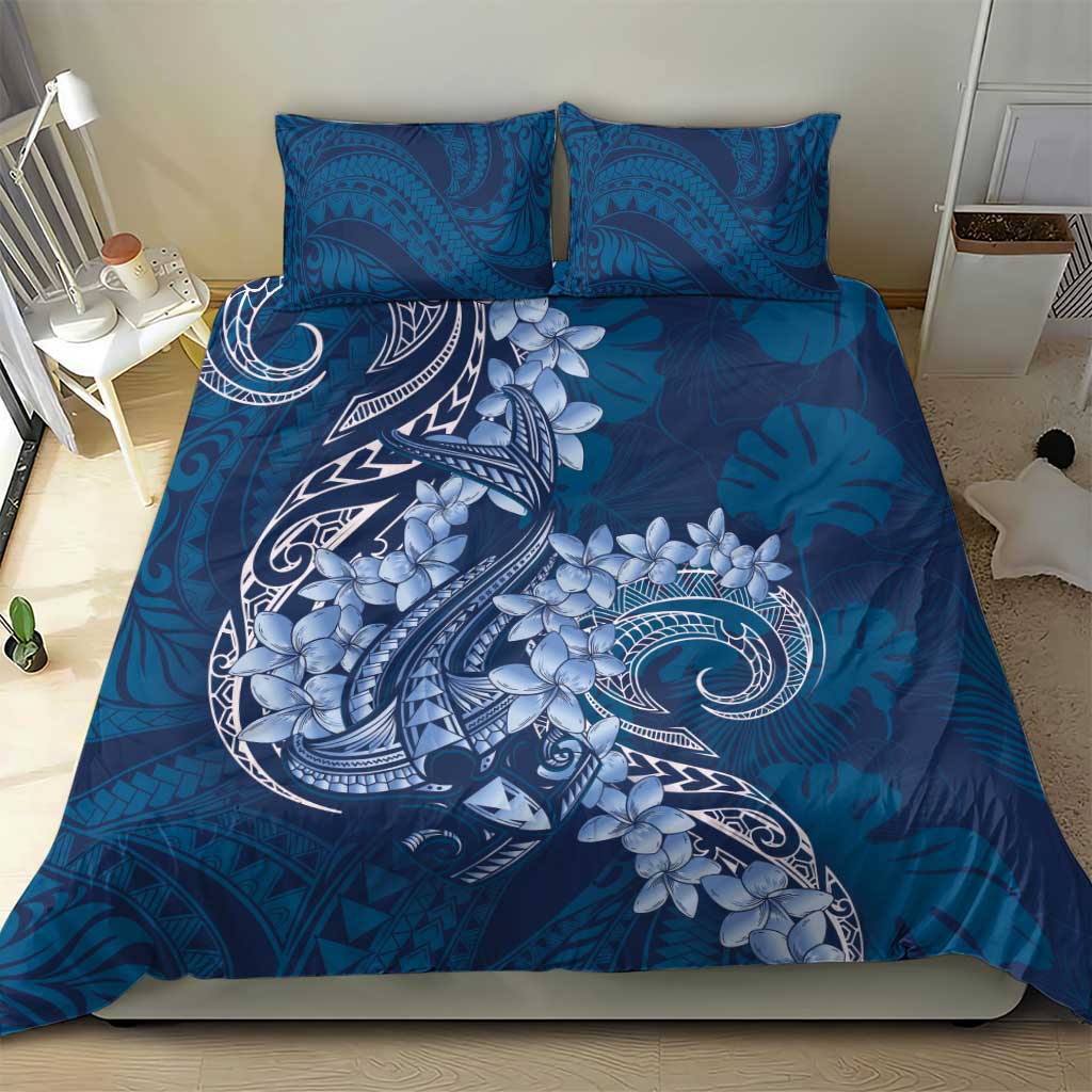 Navy Blue Polynesia Hammerhead Shark Tattoo With Plumeria Lei Bedding Set