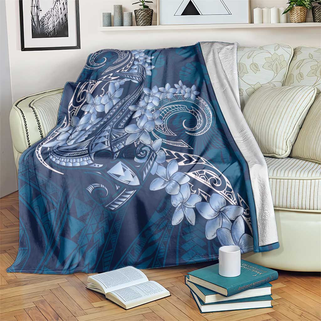 Navy Blue Polynesia Hammerhead Shark Tattoo With Plumeria Lei Blanket
