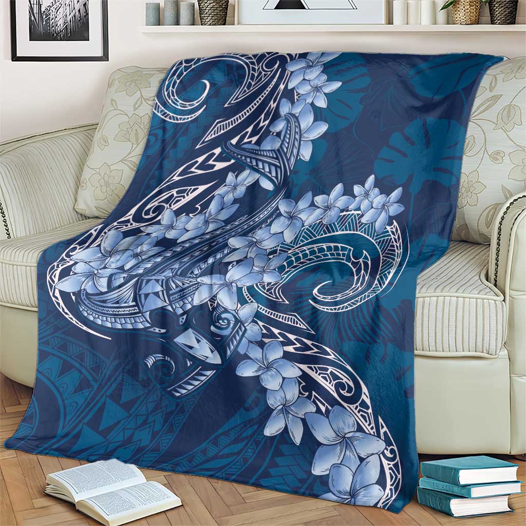 Navy Blue Polynesia Hammerhead Shark Tattoo With Plumeria Lei Blanket