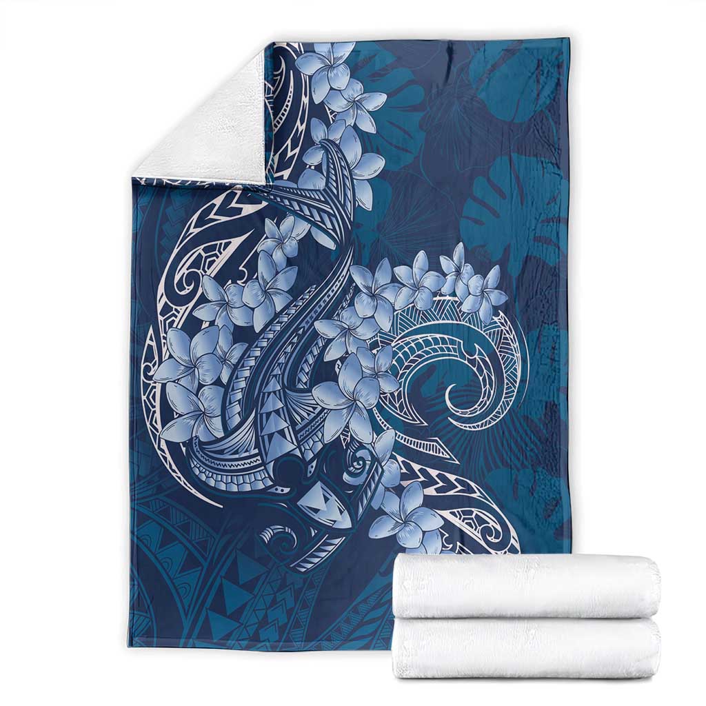 Navy Blue Polynesia Hammerhead Shark Tattoo With Plumeria Lei Blanket