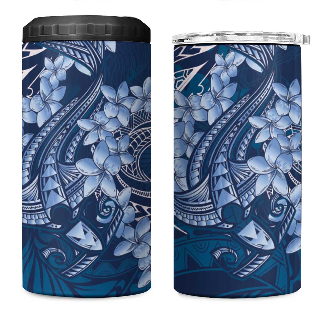 Navy Blue Polynesia Hammerhead Shark Tattoo With Plumeria Lei 4 in 1 Can Cooler Tumbler