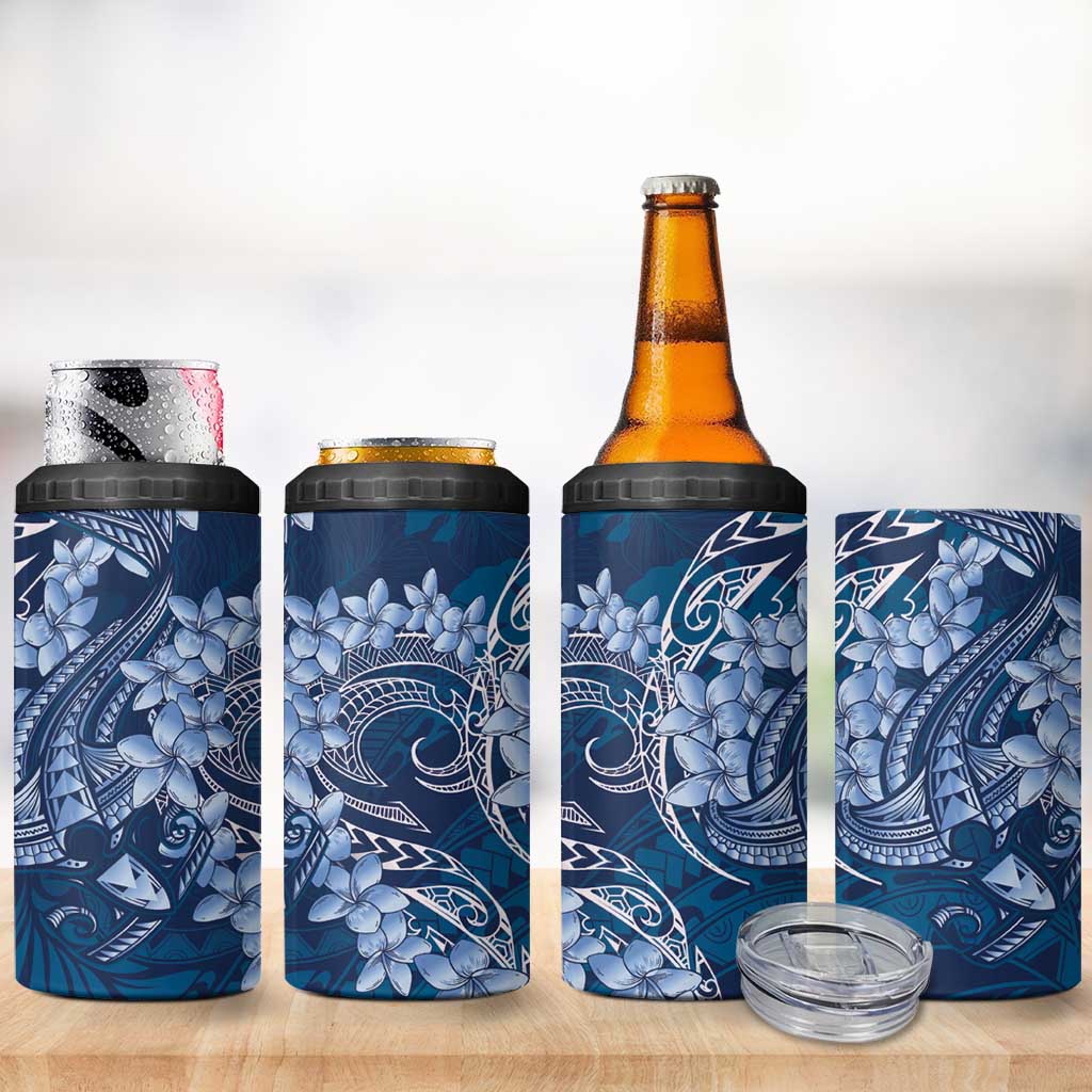 Navy Blue Polynesia Hammerhead Shark Tattoo With Plumeria Lei 4 in 1 Can Cooler Tumbler