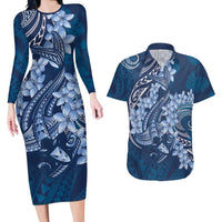 Navy Blue Polynesia Hammerhead Shark Tattoo With Plumeria Lei Couples Matching Long Sleeve Bodycon Dress and Hawaiian Shirt