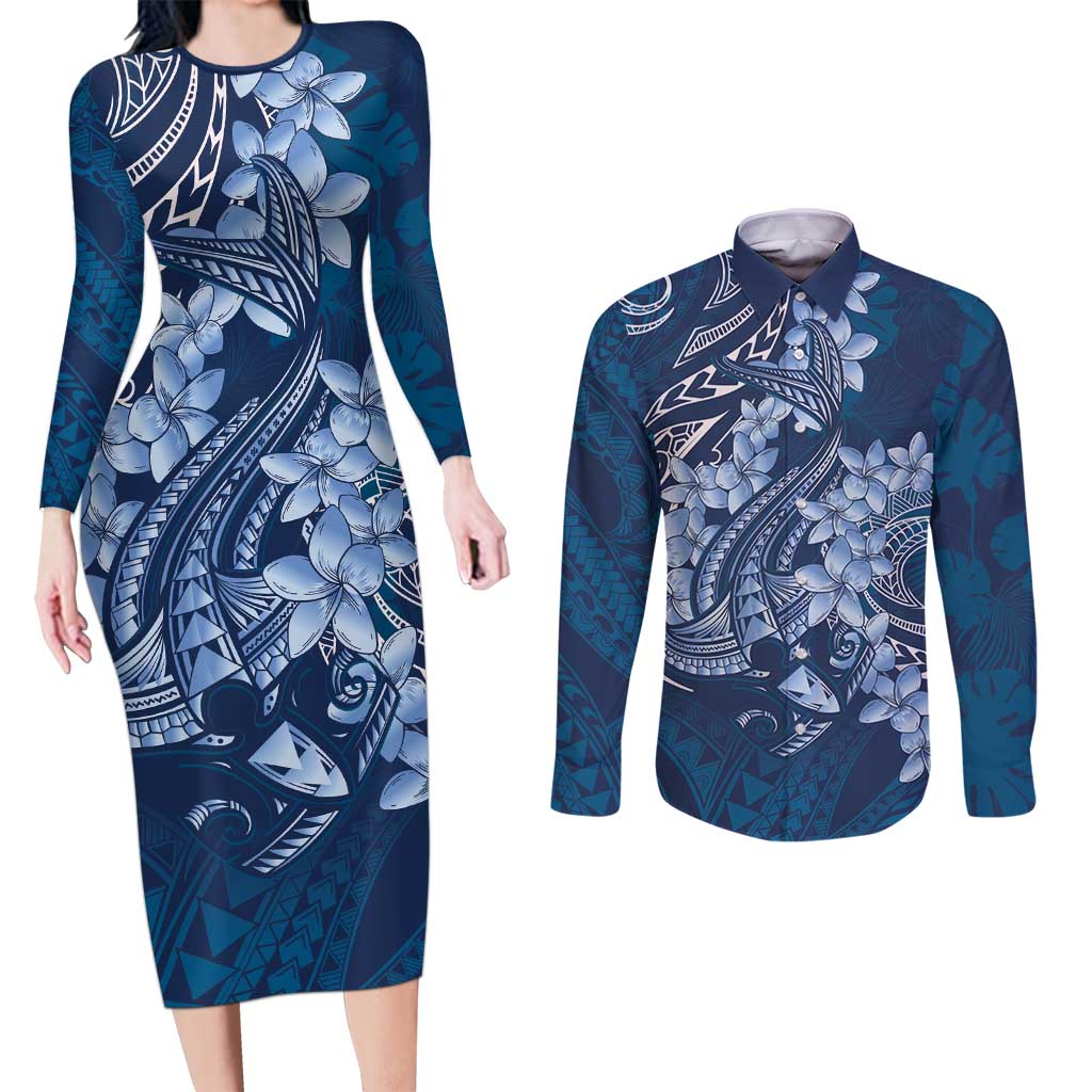 Navy Blue Polynesia Hammerhead Shark Tattoo With Plumeria Lei Couples Matching Long Sleeve Bodycon Dress and Long Sleeve Button Shirt LT14 Navy Blue - Polynesian Pride