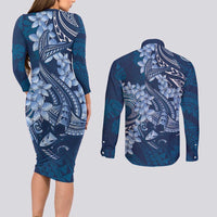 Navy Blue Polynesia Hammerhead Shark Tattoo With Plumeria Lei Couples Matching Long Sleeve Bodycon Dress and Long Sleeve Button Shirt LT14 - Polynesian Pride