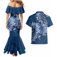 Navy Blue Polynesia Hammerhead Shark Tattoo With Plumeria Lei Couples Matching Mermaid Dress and Hawaiian Shirt LT14 - Polynesian Pride